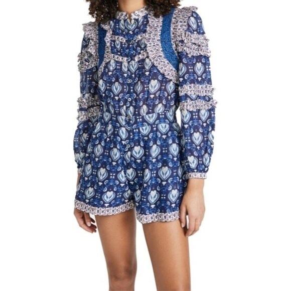 SEA NEW YORK Brigitte Blue Printed Border Ruffle Romper Size 2 - Picture 3 of 9